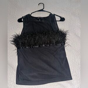 Black Embellished Tank Top with Feather Trim
